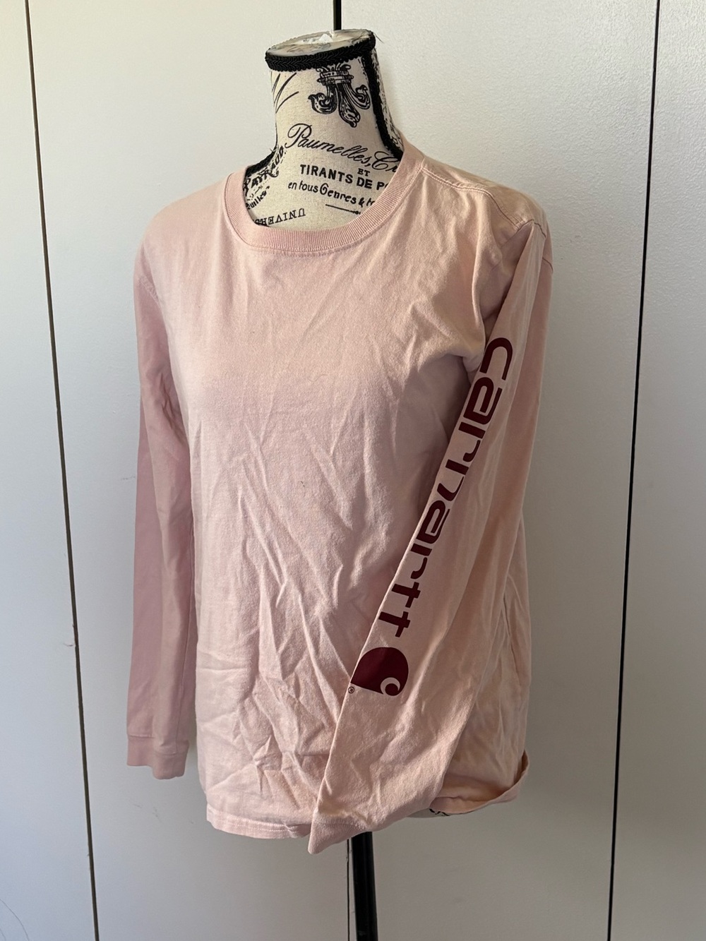 Carhartt Long Sleeve Tee in Light Dusty Pink with Maroon Sleeve Logo